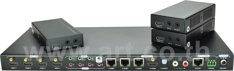 MUH44E  :::  เครื่องสลับสัญญาณ HDMI 4 ช่อง เป็น HDBaseT 3 ช่อง และ HDMI 1 ช่อง พร้อมถอดเสียงเป็นอนาล็อก และ ดิจิตอล รองรับ 4K